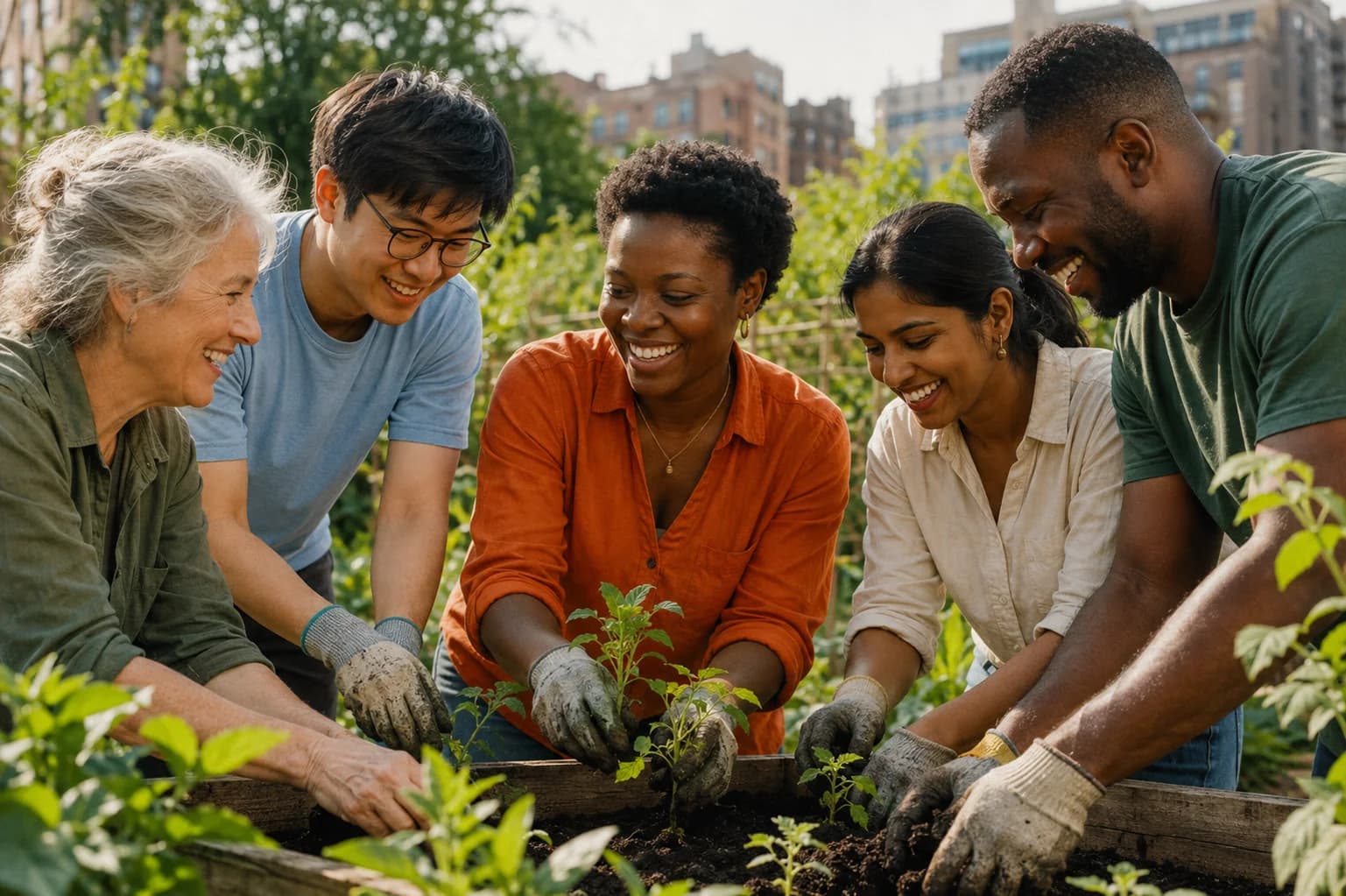 Illustrative scene of a diverse group of volunteers planting together in a community garden